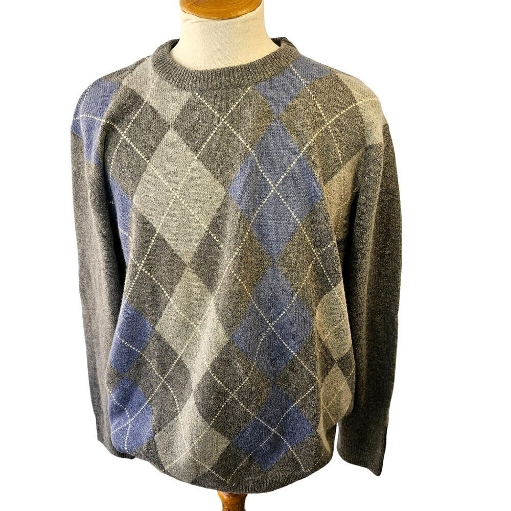 Jos A Bank Argyle Pullover Sweater Men XL Crew Neck Lambs Wool Blnd Blue on Gray